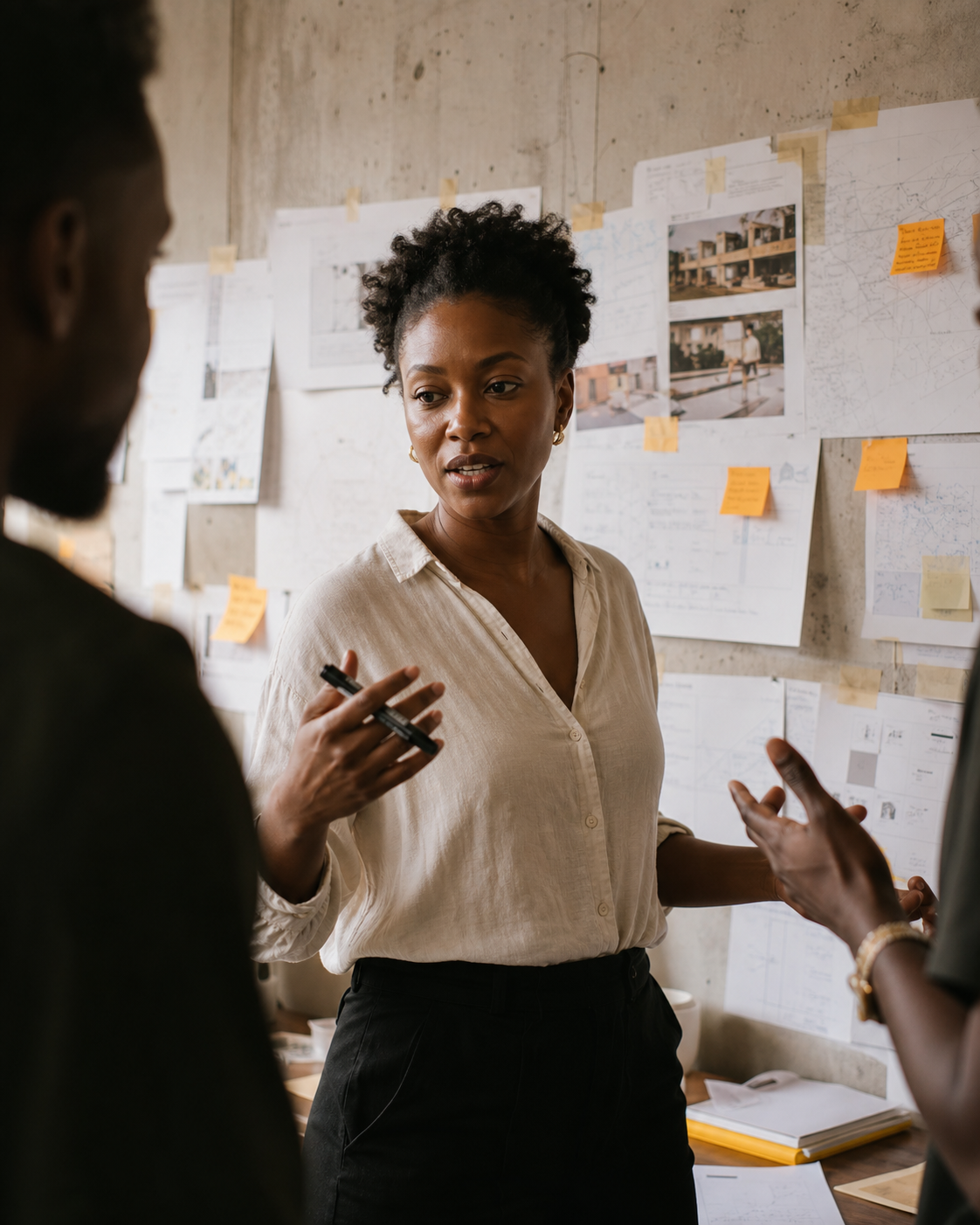 Editorial scene of founders and operators discussing a venture thesis at an evidence wall